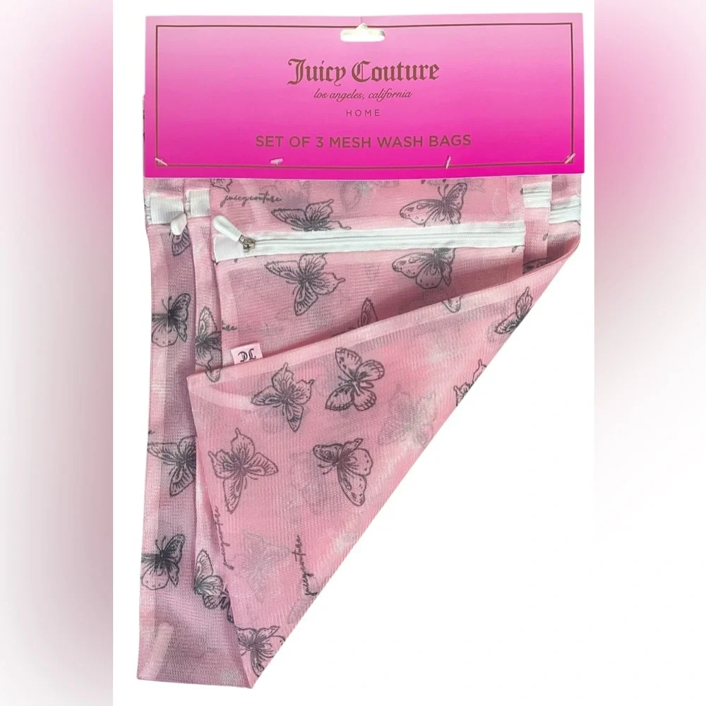 Juicy Couture Home Mesh Wash Bags 3-ct Laundry Storage Pink Butterflies NEW NWT